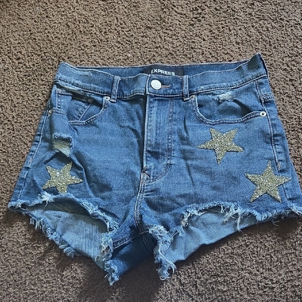 Express Blue Denim Shorts with Glitter Star Accents Shortie Extreme High Rise